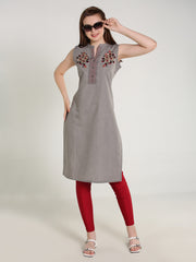 Grey Denim Both sides Embroidered Sleeveless Mandarine Collar Kurta