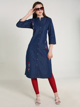 Denim Flower Embroidered Front Slit Mandarine Collar Kurta
