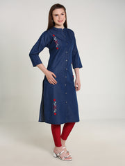 Denim Flower Embroidered Front Slit Mandarine Collar Kurta