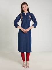 Denim Embroidered Both Side Kali Butta Mandarine Collar Kurta