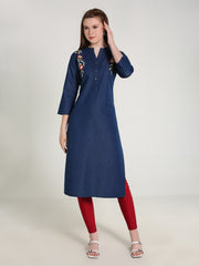 Denim Embroidered Both Side Kali Butta Mandarine Collar Kurta