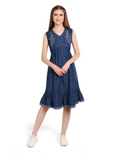 Denim Side Butta Printed V Neck Frill Flare Dress