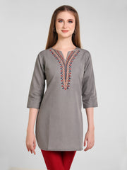 Grey Denim Neck Embroidered Kurti