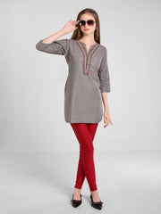 Grey Denim Neck Embroidered Kurti