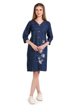 Denim Floral Embroidered DMC Stitched One-Piece Dress