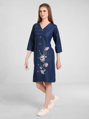 Denim Floral Embroidered DMC Stitched One-Piece Dress