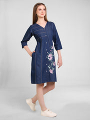 Denim Floral Embroidered DMC Stitched One-Piece Dress