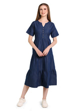 Denim Solid 3 Tier Flair Pintuck Dress