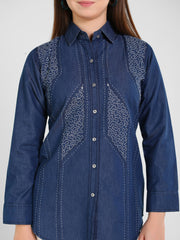 Denim Kantha Stch Embroidered Shirt