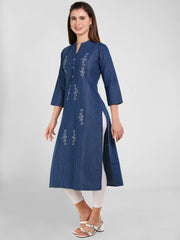 Denim Embroidered Dori Kantha Work Mandarine Collar Kurta