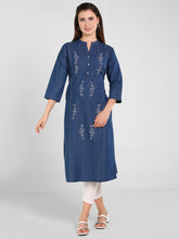 Denim Embroidered Dori Kantha Work Mandarine Collar Kurta