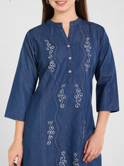 Denim Embroidered Dori Kantha Work Mandarine Collar Kurta