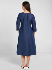 Denim Printed A-Line Red Stitch Kedia Style Dress