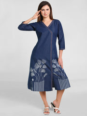 Denim Printed A-Line Red Stitch Kedia Style Dress