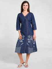 Denim Printed A-Line Red Stitch Kedia Style Dress