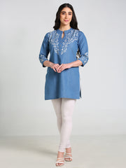 Denim Floral Neck and Sleeves Printed Mandarine Collar Kurti