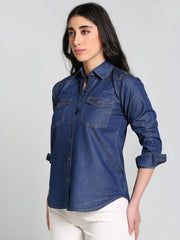 Denim Fawn Stitch Shloulder Patch Both Side Pocket Shirt
