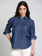 Denim Fawn Stitch Shloulder Patch Both Side Pocket Shirt