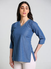 Denim Sold V Neck DMC Stich Kurti