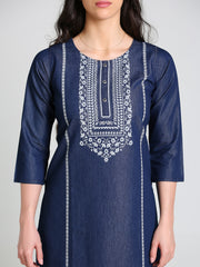 Denim Printed Neck Tabla Strip both side Round Neck Kurta