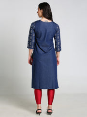 Denim Printed with Embroidered Full Panel Round V Neck Kurta