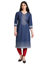 Denim Printed with Embroidered Tabla Both side bottom Panel Round Neck Kurta
