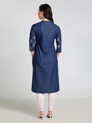 Denim Printed Butta with dotted print Mandarine Collar Kurta