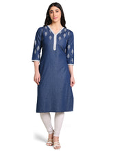 Denim Printed Butta with dotted print Lace Neck Sleeve bottom V Neck Kurta