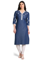 Denim Printed Butta with dotted print Lace Neck Sleeve bottom V Neck Kurta
