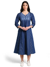 Denim Embroidered Round Neck Tabla with pintux allover butta Kali A Line Dress