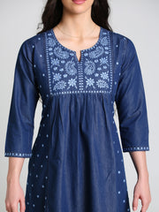 Denim Embroidered Round Neck Tabla with pintux allover butta Kali A Line Dress