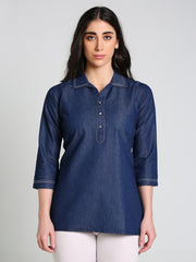Denim Solid Kurta Patti Lace One-Pieces Collar Tunic Top