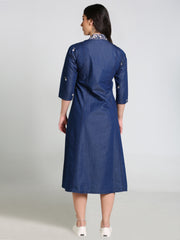 Denim Hi Neck Embroidered with pintux allover butta Kali A Line Flair Dress