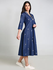 Denim Hi Neck Embroidered with pintux allover butta Kali A Line Flair Dress