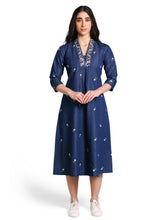 Denim Hi Neck Embroidered with pintux allover butta Kali A Line Flair Dress