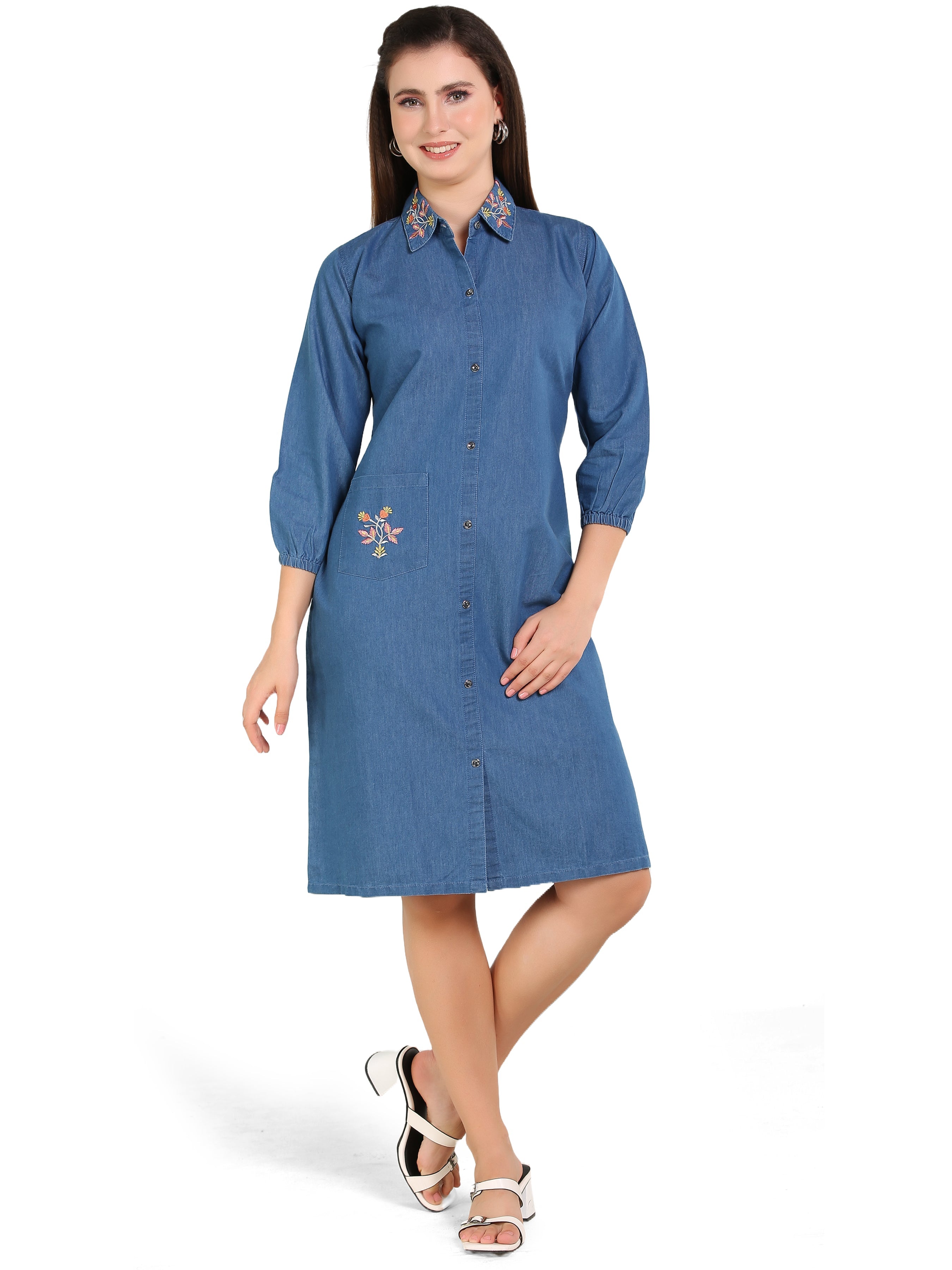 Havva Fashion denim embroidered shirt kurti for women with floral detail