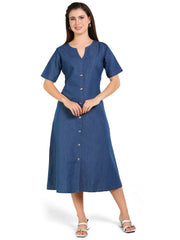 Stylish V-Neck A-Line Denim Dress for Women