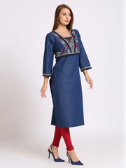 Blue Denim Embroidered Kurta