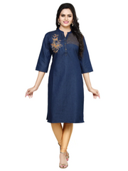Blue Denim Embroidered Kurta