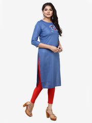 Blue Embroided Straight Cotton Kurta