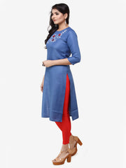 Blue Embroided Straight Cotton Kurta