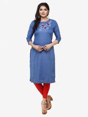 Blue Embroided Straight Cotton Kurta