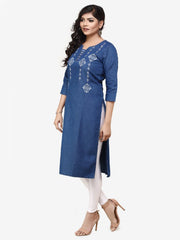 Blue Denim Embroidered Kurta