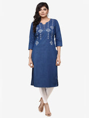 Blue Denim Embroidered Kurta