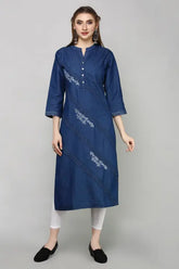 Blue Denim Embroidered Kurta
