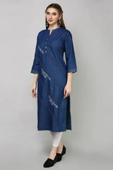 Blue Denim Embroidered Kurta