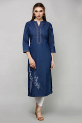 Blue Denim Embroidered Kurta