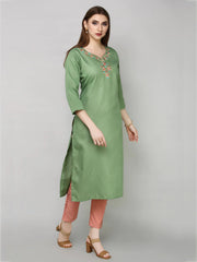 Green Embroided Straight Cotton Kurta
