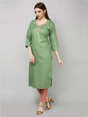 Green Embroided Straight Cotton Kurta