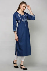 Blue Denim Embroidered Kurta